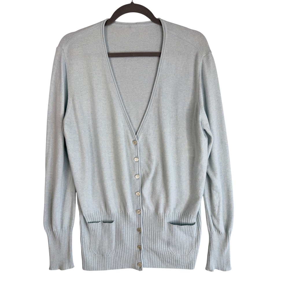 Vintage 90s Escada Cardigan Womens 44 Light Blue Wool Cashmere Silk Quiet Luxury